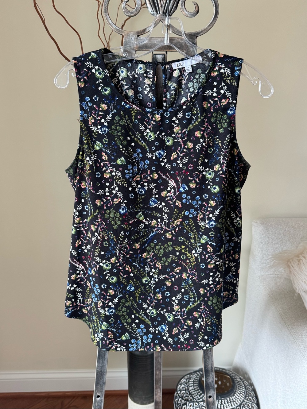 DR2 Black Floral Sleeveless Camisole with Multicolor Print